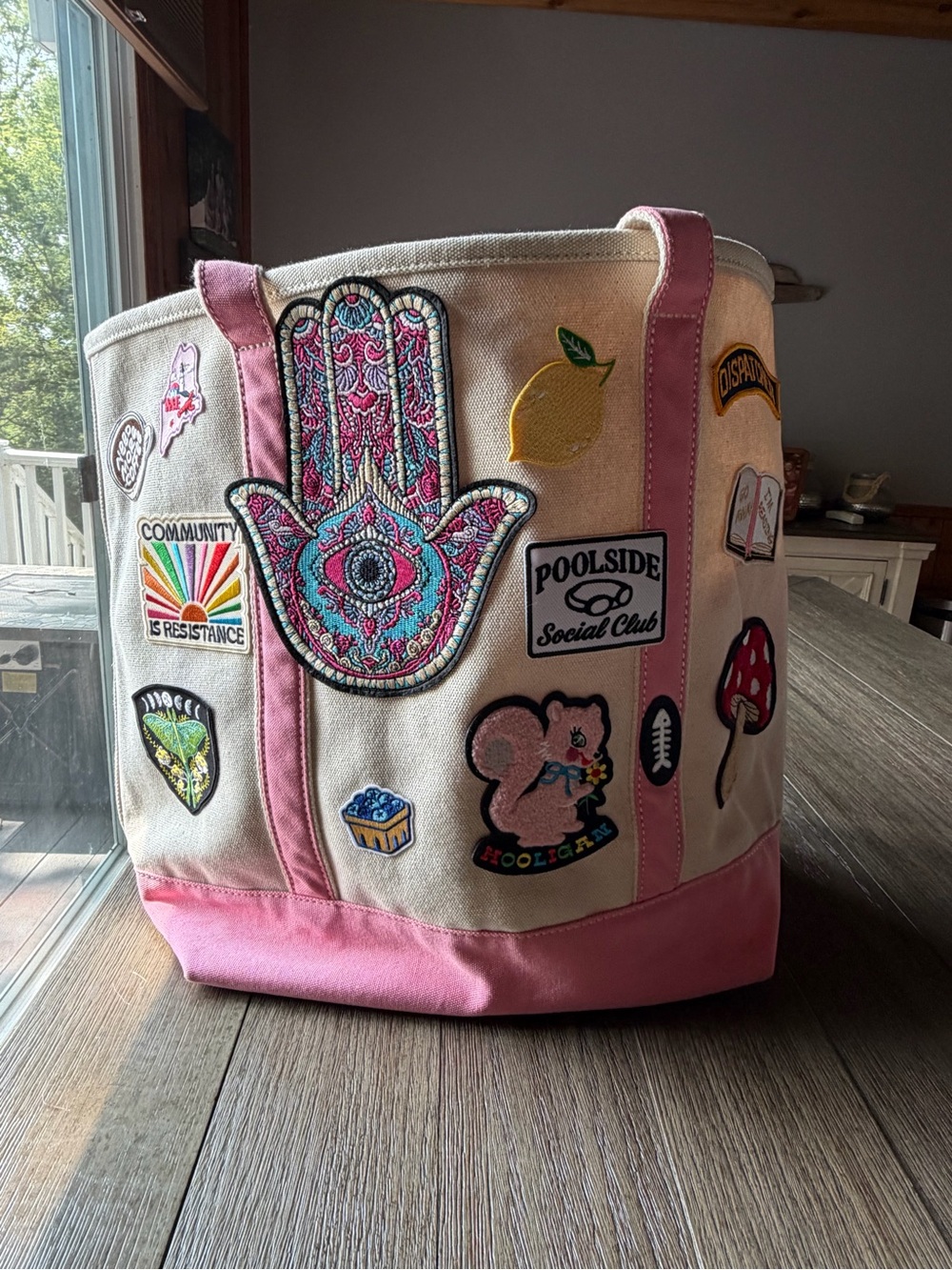 Lands' End Cream Canvas Tote with Pink Trim and Patchwork